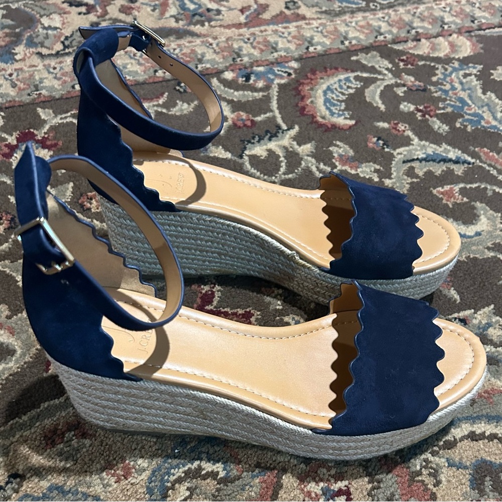 NWOT J. Crew Blue Wedge Sandals with Scalloped Edge